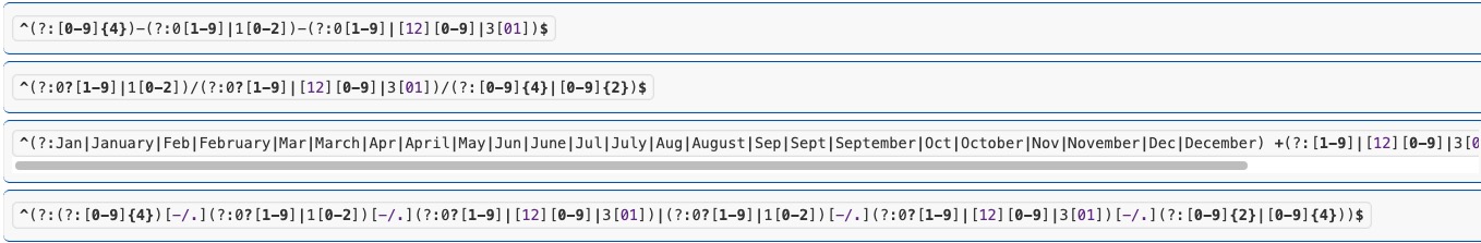Screenshot of the PICK tool, with multiple REGEX candidates for dates, including YYYY-MM-DD format and semi-textual (e.g. 1 January 2025)