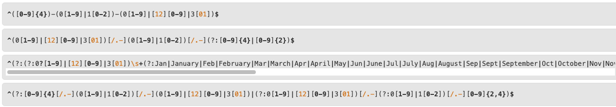 Screenshot of the PICK tool, with multiple REGEX candidates for dates, including YYYY-MM-DD format and semi-textual (e.g. 1 January 2025)